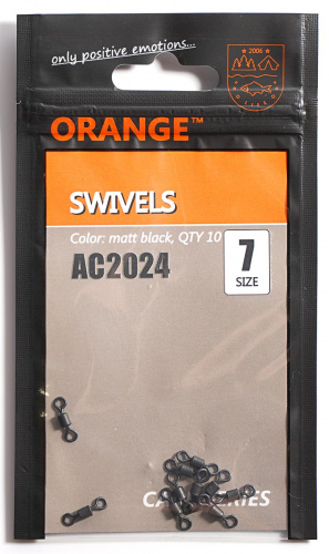 ORANGE Swivel №7 - Вертлюг рыболовный – обладает высоким качеством и надежностью. Свободно вращающиеся кольца вертлюга исключают перекручивание поводка или оснастки во время рыбалки. Вертлюжки ORANGE Swivel №7