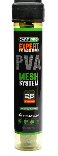 Carp Pro Mesh System — удобная всесезонна PVA система. Включает в себя три основных элемента — трубку, плунжер и сетку PVA, которая способна растворяться даже в холодной воде. Трубка (Bait Tube) и плунжер (Plunger) выполнены из прочного пластика, причем у трубки с одного края есть специальный стопор, чтобы предотвратить скольжение сетки. ПВА-система Carp Pro Mesh System 7м 28мм